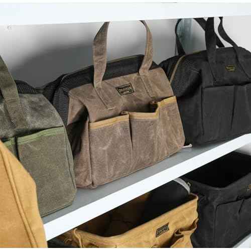 Tool Bag, 13-inch Heavy Duty 16oz Waxed Canvas Wide Mouth Water-Resistant Tool Bag, Tool Tote with Handle for Tools, Wrenches, Screwdrivers (13 X 7.8 X 9 inch) | Grey