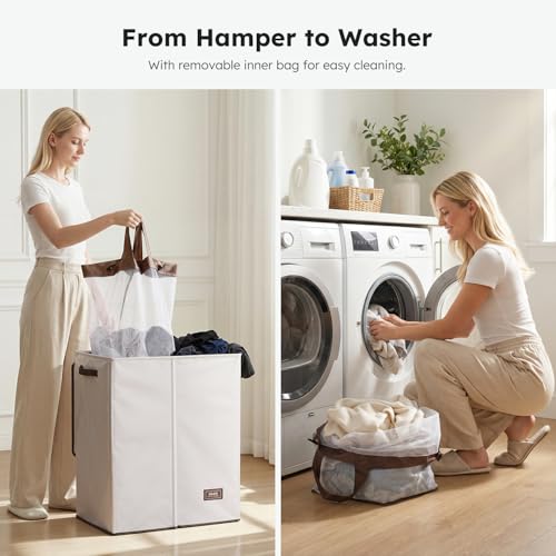 SOLEDI 145L Off-White Luxury Double Laundry Hamper with Lid & Removable Bags, 2-Compartment Collapsible Basket