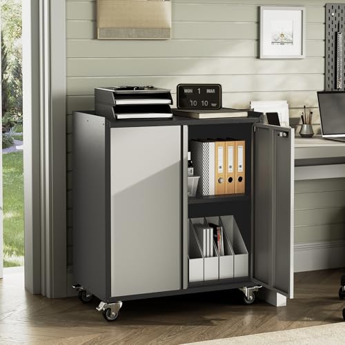 Curtainboro 30" Rolling Metal Storage Cabinet with Lock – Grey Doors, Adjustable Shelves, Assembly Required (Transitional)
