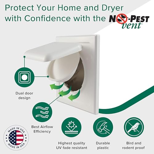 No-Pest Vent 4” Dual-Door Outdoor Dryer Vent Cover - UV-Resistant Plastic, Made in USA, White (No Collar)
