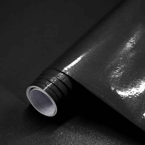 Wudnaye Black Contact Paper Glossy Waterproof Self Adhesive Wallpaper for Kitchen 15.7inchx118.1inch Black Wallpaper Peel and Stick Backsplash Vinyl Removable Wall Paper Kitchen Countertop