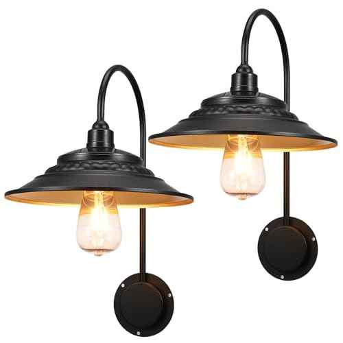Solar Barn Lights Upgrade, 2PCS Waterproof Wall Light Fixture, Rustic Vintage Metal Gooseneck Solar Wall Mount Lights with Gold Interior, for Outdoor Barn Shed Garage Porch (Black)