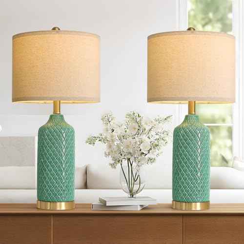 G-SAFAVA24.25 Modern Ceramic Green Table Lamps Set of 2 for Living Room, Farmhouse, Bedside, Bedroom, Side & End Tables Nightstand Light Home Office Desk Lamps Gifts