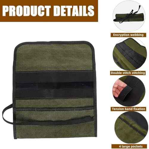 BLIRITEL Small Canvas Chisel Roll, Chisels Bag Tool Organizer with 4 Pockets, Metal Pry Bar Plier Wrench Roll Tool Pouch for Mechanic Carpenter Craftsman (Army Green)