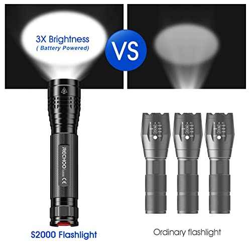 RECHOO S2000 LED Flashlight High Lumens, Super Bright, Powerful, Mid-Size Tactical Flashlight with 3 Modes, Zoomable, Water Resistant Flashlights for Home, Emergencies, Camping, Outdoor Use