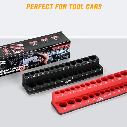 GOOACC 1/4" Magnetic Socket Organizer Tray (2-Pack) Black & Red, Holds 52–53 1/4" Drive Sockets