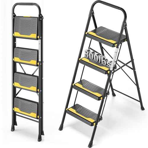 4 Step Ladder, Heavy-Duty Pass 800lb Capacity Test, Wide Anti-Slip Steps & Secure Handrail Compact, Folding Step Stool Portable Design for Home, Kitchen, Office, Pantry, Closet Use, Black