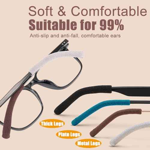 4 Pairs Extended Eye Glasses Ear Grippers, Upgrade Soft Knitting Cotton Arm Cushion for Glasses Behind Ear, Anti Slip Eye Glass Ear Grips, Non Slip Ear Pads, Eyeglasses Temple Tips for Pain Multicolor
