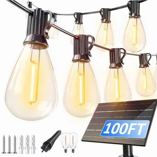 luckystyle 100FT Solar String Lights Outdoor Waterproof with 36+2 LED Bulbs Long Last for 20+Hrs, Commercial Grade Shatterproof Patio Solar Powered Lights for Camping£¬Backyard, Garden, Porch Decor