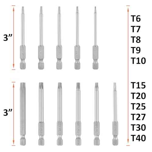 11 Piece Torx Head Screwdriver Bit Set - 1/4 Inch Hex Shank T6 T7 T8 T9 T10 T15 T20 T25 T27 T30 T40 Torx Head Screwdriver Drill Set,S2 Steel 3 Inch Long Drill Bits