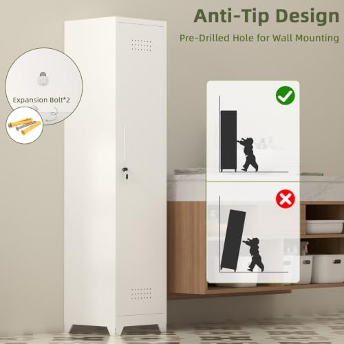 STEELIST 65"H White Slim Locking Cabinet with Shelf & Hanging Rod, 15.75" W