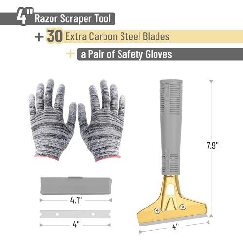 Bates- Razor Blade Scraper Tool, 4 Inch, Floor Razor Scraper Tool with 30 Extra Carbon Steel Blades and a Pair of Safety Gloves