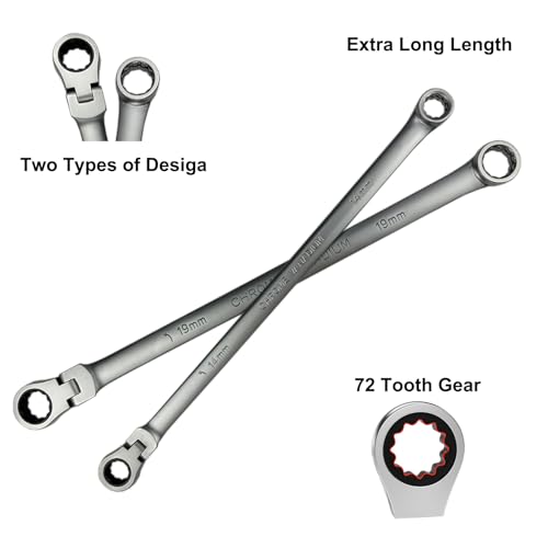 TR TOOLROCK 27PCS Extra Long Flex Head Ratcheting Wrench Set, Metric Double Box End Ratchet Wrench Set with Replacement Heads, 72-Tooth, E-type 8-22mm, 1/4", 3/8", 1/2" Socket Adapters