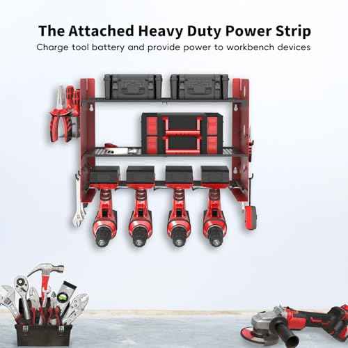 NWH Power Tool Organizer Wall Mount,Tool Organizer with 5 Drill Racks in Garage, 3 Levels of Storage Space, Heavy Duty Metal Power Tool Storage Rack Tool Shelf for Garage Organization