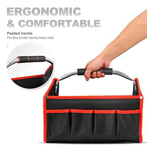 HAUTMEC 13 Inch Tool Bag, Foldable Open Top Tool Tote with Stiff Frame, 8 Pockets, Water-Resistant Molded Base & Padded Handle, Portable Electrician Tool Organizer for DIY & Jobsite Use ? TB0001