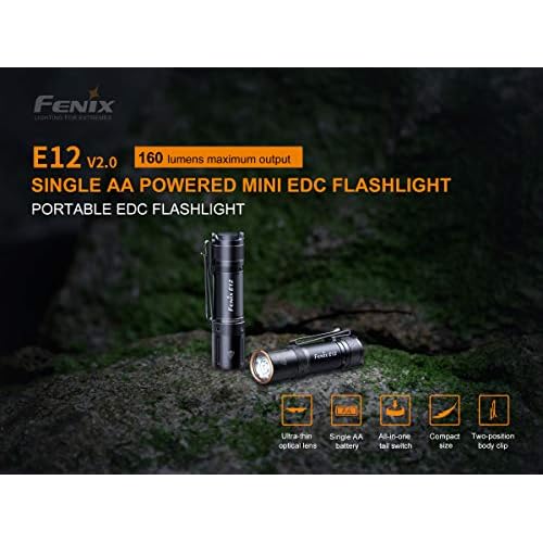 Fenix E12 V2 160 Lumen LED flashlight with EdisonBright AA alkaline battery bundle