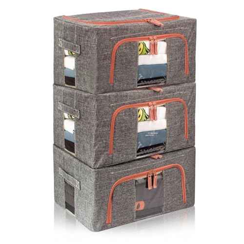 3 Pack 22L Foldable Clothes Storage Bins Box Stackable Steel Frame Closet Containers Organizer with Clear Windows Linen Fabric Bags for Beddings/Quilt