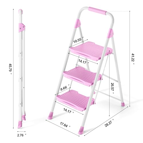 KINGRACK Pink 3-Step Ladder with Handrail, Anti-Slip Wide Pedals, 900lbs Capacity, Foldable Household & Garage Step Stool