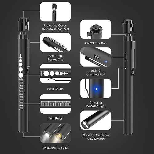SEVENKA 2 Rechargeable Pen Lights with Pupil Gauge & Ruler, LED Penlights for Nurses Doctors, USB-C Rechargeable, Warm/White Light, Pocket Clip, Penlight Flashlights for Nursing Student