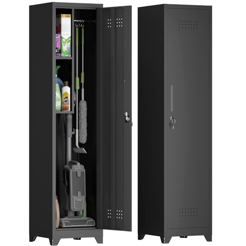 IRONFFICE Narrow Black Metal Utility Closet with Hanging Rod, 64.96 in Tall