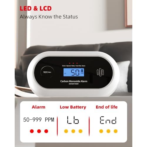10-Year Battery Carbon Monoxide Detector, Portable Travel CO Detector Alarm for Home, Garage, RV, Camping, LCD Display with Backlight, V-0 Flame-Retardant Housing, Wall Mount or Tabletop