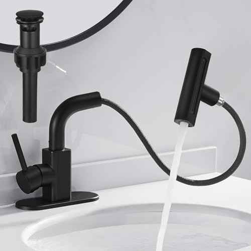 RUMOSE Matte Black Bathroom Faucets with 4 Mode Pull Down Sprayer Single Handle Waterfall 360¡ÆRotatable Bath Sink Faucet with Pop Up Drain 1 or 3 Hole Pull Out Bar Vanity Faucet with Deck Plate