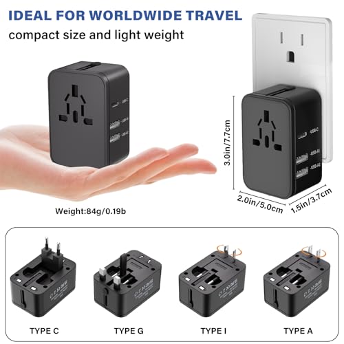 EFISH Black Travel Power Adapter with 2 USB-A + 1 USB-C, Universal Travel Plug Converter