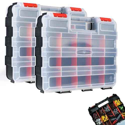 AMM Tool Box, Double Side Tool Box Organizer with 34 Compartments, Removable Dividers, Tackle Box Small Parts Screw Hardware Organizer for Screws, Nuts, Nails and Bolts (2 Piece, Red)