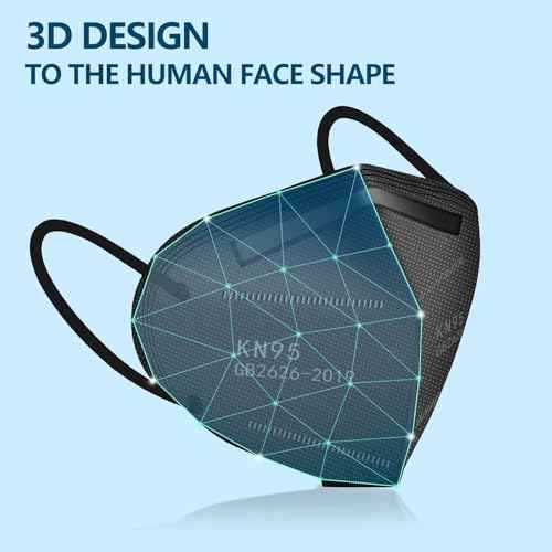 50PCS KN95 Face Masks Black 5 Layer Cup Dust Safety Filter Efficiency¡Ã95% with Elastic Ear Loops and Nose Bridge Clip Breathable Mask
