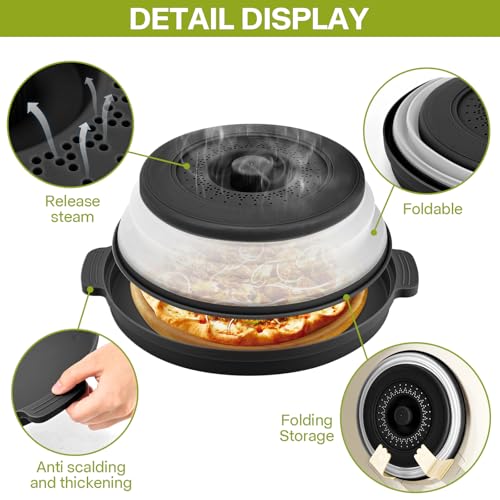 Saebume 10.7 Inch Microwave Splatter Cover with Anti-Scald Base Plate - Foldable BPA-Free Plastic & Silicone Lid (Black)