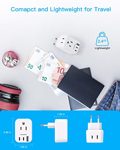 HANYCONY Type C European Travel Plug Adapter US to Europe – Compact 5-in-1 with USB-C & USB Ports for Italy, France, Germany