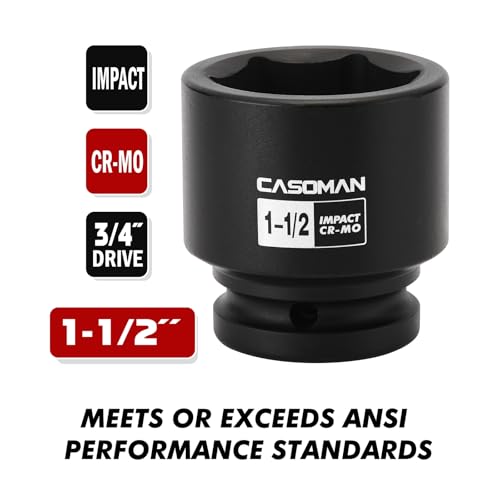 CASOMAN 3/4"Drive x 1-1/2" Shallow Impact Socket, Jumbo Impact Socket, SAE, 6-Point, CR-MO, Black Phosphate Finish