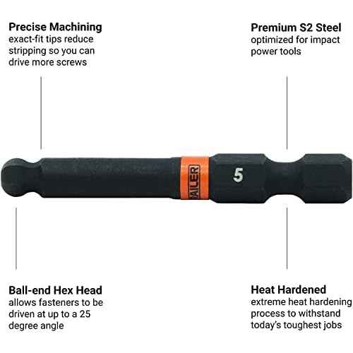 Railer Hex 3/16" Impact Driver Bit - 5 Pack (Hex Shank, S2 Steel, 2" Length)