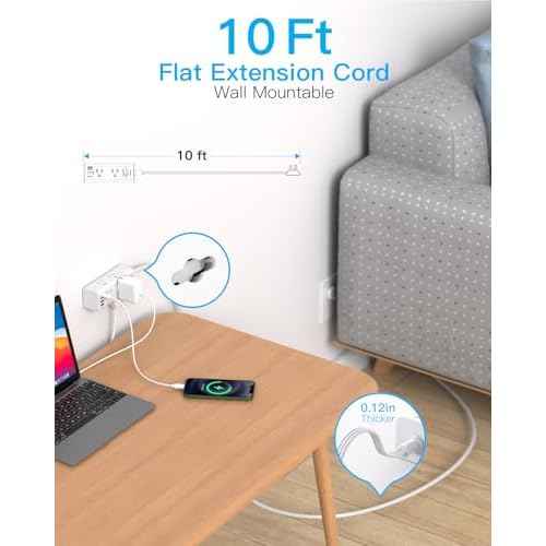 One Beat 10Ft Extension Cord with Multiple Outlets,Flat Plug Power Strip Surge Protector with 10 Ft Long Cord,6 Outlet 4 USB Ports (2USB C),Multi Outlet Wall Plug for Travel,College,Dorm Essentials