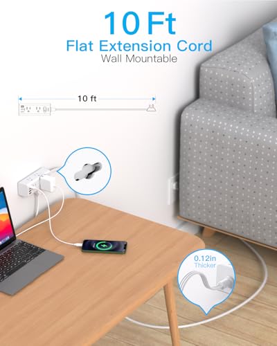 10Ft Flat Extension Cord Power Strip with Multiple Outlets & USB - White