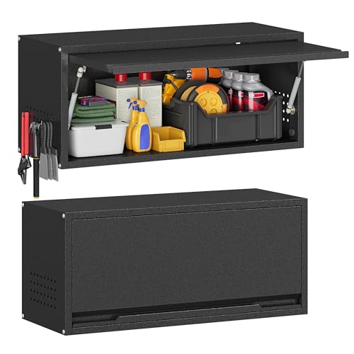 Firstsky 13.8" Black Wall Cabinet with Up-Flip Door, Pegboard Sides, Heavy-Duty Steel Garage Storage