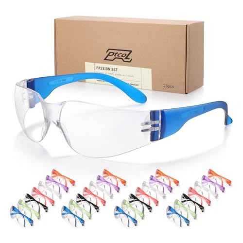 28 Pack Safety Glasses in 7 Colors (Bulk Pack of 24+4) Unisex Clear Anti-Scratch Protective Goggles Impact Resistant Lens Eyewear with ANSI Z87.1 EN166 for Construction, Shooting and Laboratory