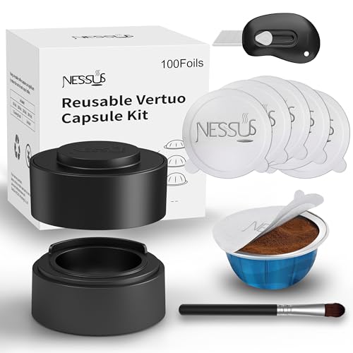 Nessus Reusable Vertuo Capsule Kit – Black, 1 Holder + 100 Foil Seals + Brush