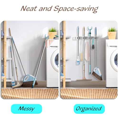 2 Pack Mop Broom Holder Wall Mount - White Wood Broom Mop Hanger - Wall Mounted Garden Tool Rack Organizer for Closet Garage Laundry Room, 4 Slots & 4 Hooks