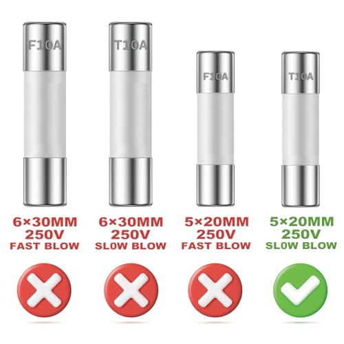 ALLECIN 10 Pack 10A 250V Slow Blow Ceramic Fuses T10A 5x20MM Time Delay