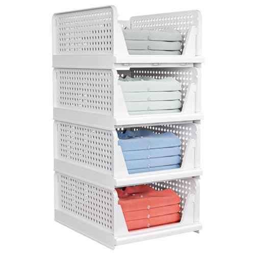 4 Pack Stackable Closet Storage Basket - Stackable Storage Bins, Multifunctional & Foldable Closet Organizer, Wardrobe Cupboard Space-Saving Clothes Storage Hat Organizer, White