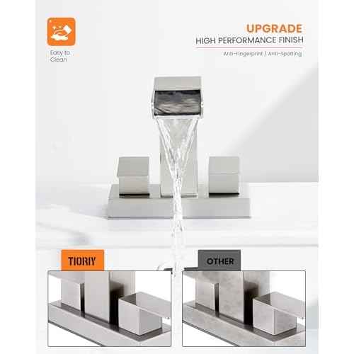Waterfall Bathroom Faucet for Sink 3 Hole, 4 inch, Brushed Nickel Waterfall Sink Faucets with Pop-up Drain and 2 Supply Hoses, Stainless Steel 2-Handle Centerset Faucet for Sink Vanity, T-6008BN