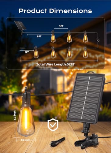 Brightown 52FT Solar String Lights with 15+1 Shatterproof Bulbs, Waterproof Outdoor Decor