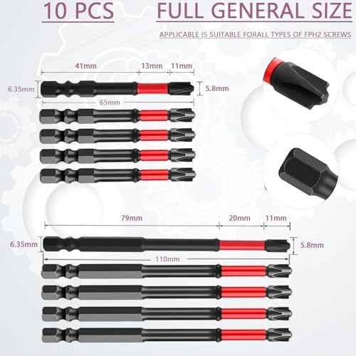 FPH2 Impact Screwdriver Bit Set - 65mm & 110mm Slotted Heads 1/4 Inch Hex Shank, Cross Slot Screw Driver Drill Bits Used Electricians £¬CNC Machined Tips with Magnetism,(10pcs)