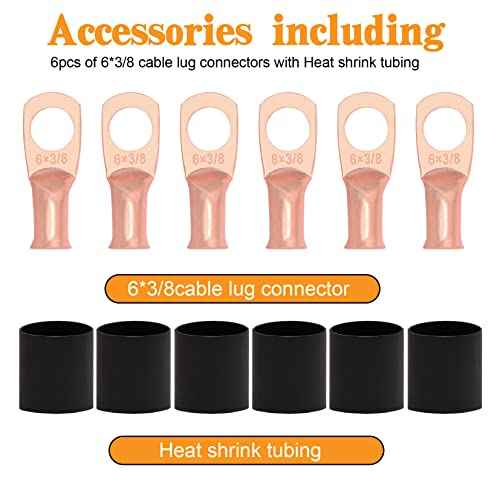 6 AWG Gauge UL1015 Wire Battery Power Tinned Oxygen Free Copper OFC Welding Cable Boat Inverter 6 1/2feet Black and 6-3/8inch Lugs Terminal Connectors with Heat Shrink Tube