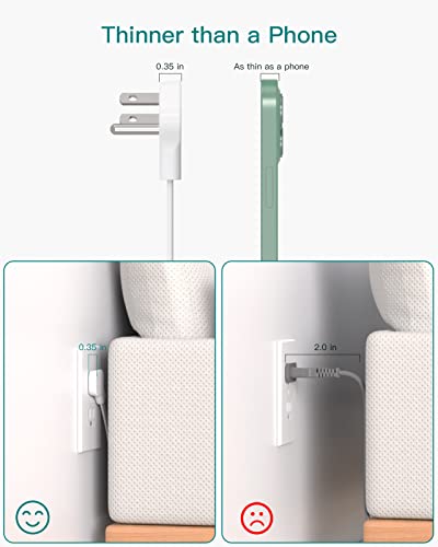 Addtam White Ultra Thin Flat Power Strip with 12 Outlets, 5 Ft Extension Cord