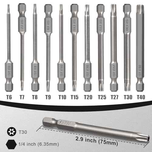 Torx Head Bit Set 02, 11-Piece 1/4 Inch Hex Shank T6 T7 T8 T9 T10 T15 T20 T25 T27 T30 T40 S2 Steel Torx Head Screwdriver Drill Set
