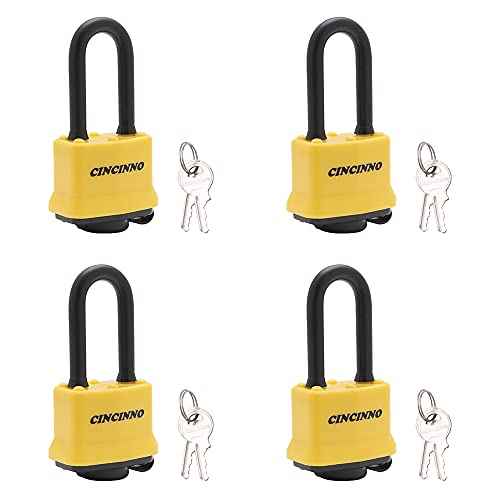 4 Pack Heavy Duty Covered Laminated Steel Padlocks Keyed Alike, Weatherproof Padlocks with 1-9/16 in. Wide Body, Long Shackle for Gate, Shed, Storage Locker Lock