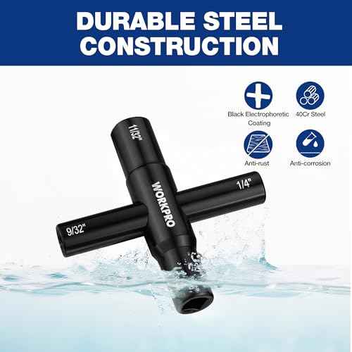 WORKPRO 2PC 4 Way Sillcock Key Set, 40Cr Universal Utility Water Key, 1/4", 9/32", 5/16", 11/32", Multifunctional Heavy-Duty Water Valve Key Tool for Faucet, Spigot, Electric Meter & Cabinet, Black