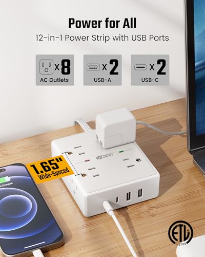 SUPERDANNY White 10FT Flat Plug Surge Protector Power Strip with USB-C & USB-A, 12 Outlets, Wall Mountable